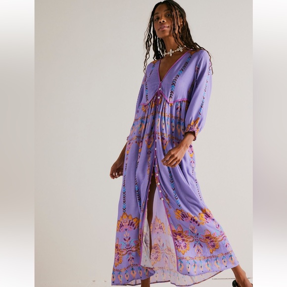 Free People Button Front Foley Lavender Dress SZ L - Picture 1 of 5